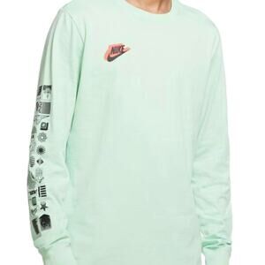 Nike Long Sleeve Graphic Tee Mint Green Red Accent Worldwide Icon Sleeve Design